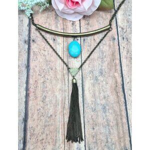 Dark Brushed Gold Tone Statement Collar Necklace Drop Faux Turquoise Western